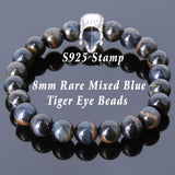 Men's Women Rare Mixed Blue Tiger Eye Bracelet Sterling Silver Indian Skull DiyNotion Handmade BR586