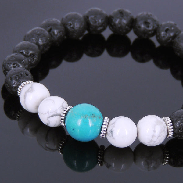 Lava Rock White Howlite Turquoise Tibetan Silver Bracelet Yoga Mala for Men Women DiyNotion Handmade T101