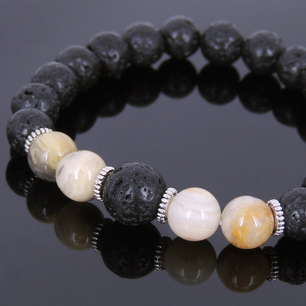 Lava Rock Crazy Agate Tibetan Silver Bracelet Yoga Mala for Men Women DiyNotion Handmade T102