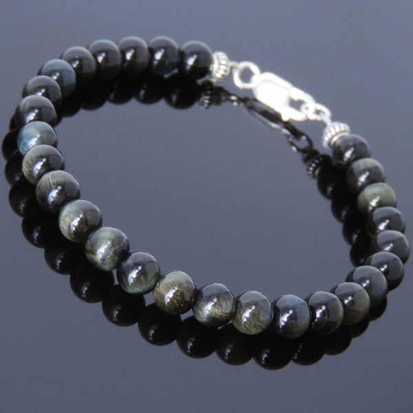 Men's Women Mixed Brown Blue Tiger Eye Sterling Silver Bracelet 925 Spacers Clsap DiyNotion Handmade BR583