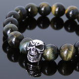 Men's Women Mixed Brown Blue Tiger Eye Bracelet Sterling Silver Skull DiyNotion Handmade BR587