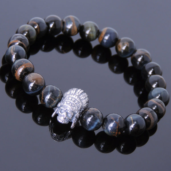 Men's Women Rare Mixed Blue Tiger Eye Bracelet Sterling Silver Indian Skull DiyNotion Handmade BR586