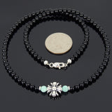 Men's Women Black Onyx Amazonite Sterling Silver Necklace Gemstone Cross Charm DiyNoion Handmade NK073