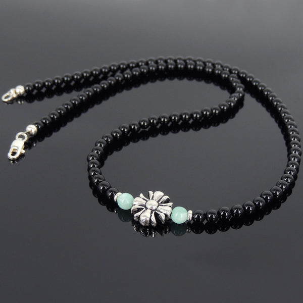 Men's Women Black Onyx Amazonite Sterling Silver Necklace Gemstone Cross Charm DiyNoion Handmade NK073