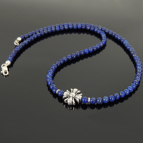 Men's Women Natural Lapis Sterling Silver Necklace Gemstone Cross Charm DiyNoion Handmade NK074