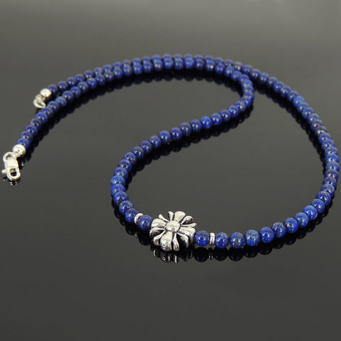 Men's Women Natural Lapis Sterling Silver Necklace Gemstone Cross Charm DiyNoion Handmade NK074