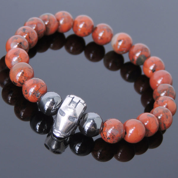 Men's Women Jasper Stone Hematite Bracelet Sterling Silver Iron Man Mask Charm Gemstone DiyNotion Handmade BR589