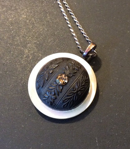Vintage Celluloid Button Pendant Necklace, Vintage White MOP Mother of Pearl Button, Art Deco, Sterling Silver Chain, Fall Jewelry, CBN240