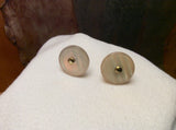 Button Stud Earrings, Handmade Vintage Buff Beige Pearlized Buttons, Pink Turquoise Iridescence, Post with Brass Accent. BPE234