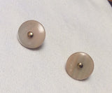 Button Stud Earrings, Handmade Vintage Buff Beige Pearlized Buttons, Pink Turquoise Iridescence, Post with Brass Accent. BPE234