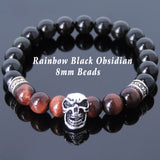 Men's Women Black Obsidian Red Tiger Eye Sterling Silver Skull Bracelet Cross Spacers DiyNotion BR595