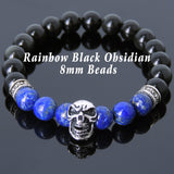 Men's Women Black Obsidian Lapis Lazuli Sterling Silver Skull Bracelet Cross Spacers DiyNotion BR596