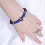 Men's Women Black Obsidian Lapis Lazuli Sterling Silver Skull Bracelet Cross Spacers DiyNotion BR596