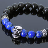 Men's Women Black Obsidian Lapis Lazuli Sterling Silver Skull Bracelet Cross Spacers DiyNotion BR596