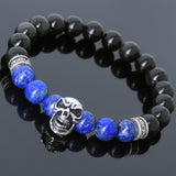 Men's Women Black Obsidian Lapis Lazuli Sterling Silver Skull Bracelet Cross Spacers DiyNotion BR596