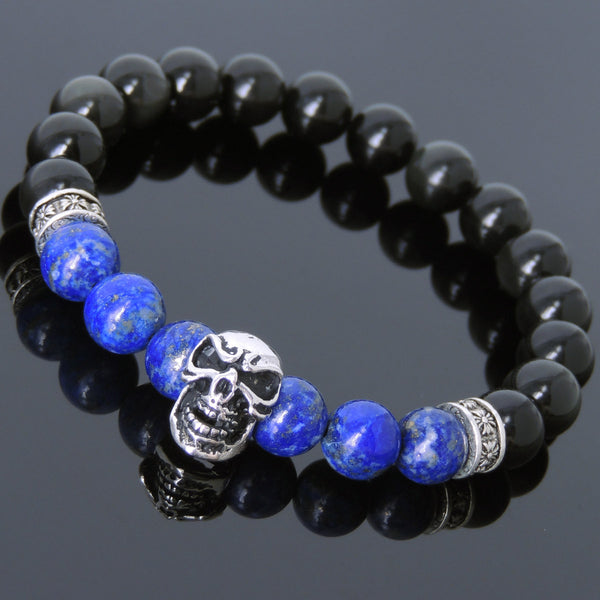 Men's Women Black Obsidian Lapis Lazuli Sterling Silver Skull Bracelet Cross Spacers DiyNotion BR596