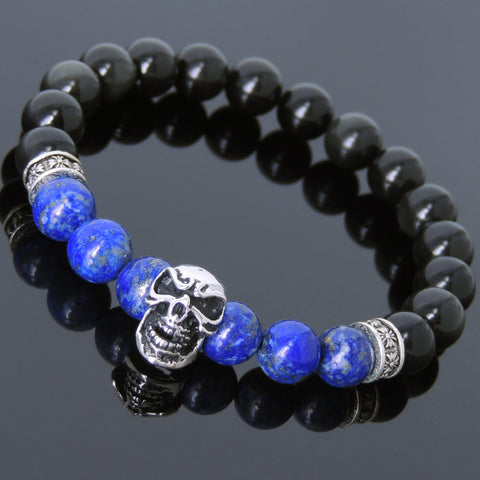 Men's Women Black Obsidian Lapis Lazuli Sterling Silver Skull Bracelet Cross Spacers DiyNotion BR596