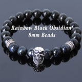 Men's Women Black Obsidian Blue Tiger Eye Sterling Silver Skull Bracelet DiyNotion BR597