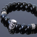 Men's Women Black Obsidian Blue Tiger Eye Sterling Silver Skull Bracelet DiyNotion BR597