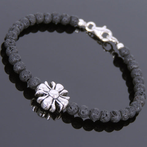 Men's Women Lava Rock Sterling Silver Bracelet Cross Charm DiyNotion Handmade BR598