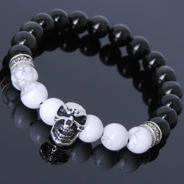 Men's Women Black Obsidian White Howlite Sterling Silver Skull Bracelet Cross Spacers DiyNotion BR594