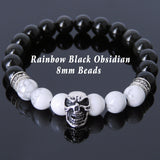 Men's Women Black Obsidian White Howlite Sterling Silver Skull Bracelet Cross Spacers DiyNotion BR594