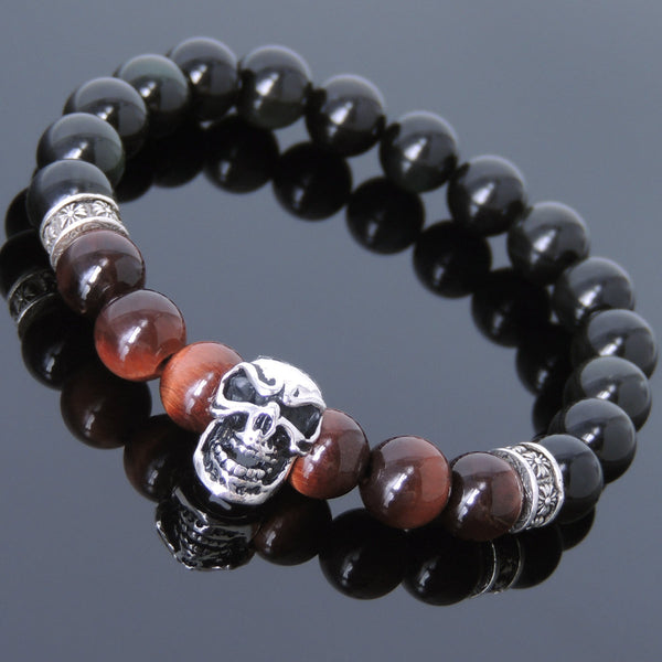Men's Women Black Obsidian Red Tiger Eye Sterling Silver Skull Bracelet Cross Spacers DiyNotion BR595