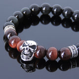 Men's Women Black Obsidian Red Tiger Eye Sterling Silver Skull Bracelet Cross Spacers DiyNotion BR595