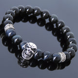 Men's Women Black Obsidian Blue Tiger Eye Sterling Silver Skull Bracelet DiyNotion BR597