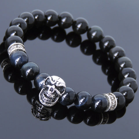 Men's Women Black Obsidian Blue Tiger Eye Sterling Silver Skull Bracelet DiyNotion BR597