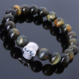 Men's Women Mixed Brown Blue Tiger Eye Bracelet 925 Sterling Silver Skull Bead DiyNotion Handmade BR605