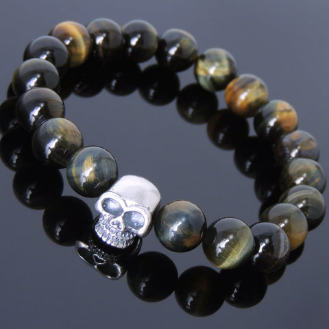 Men's Women Mixed Brown Blue Tiger Eye Bracelet 925 Sterling Silver Skull Bead DiyNotion Handmade BR605