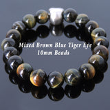 Men's Women Mixed Brown Blue Tiger Eye Bracelet 925 Sterling Silver Skull Bead DiyNotion Handmade BR605