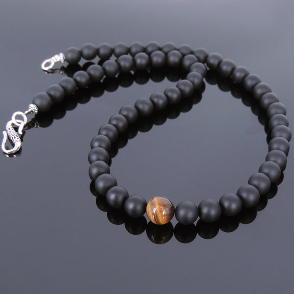 Men's Women Matte Black Onyx Tiger Eye Sterling Silver Necklace Gemstone 925 Spacers Clasp DiyNoion Handmade NK079