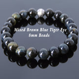 Men's Women Mixed Brown Blue Tiger Eye Bracelet 925 Sterling Silver Bead DiyNotion Handmade BR603