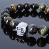 Men's Women Mixed Brown Blue Tiger Eye Bracelet 925 Sterling Silver Skull Bead DiyNotion Handmade BR605