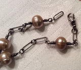 Mother of Pearl Button Necklace, Vintage MOP Flower Pendant, Taupe Pearl Necklace, Handmade Sterling Silver Chain, MPN251