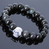 Men's Women Black Obsidian Bracelet 925 Sterling Silver Skull Bead DiyNotion Handmade BR606