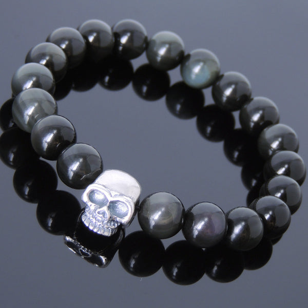 Men's Women Black Obsidian Bracelet 925 Sterling Silver Skull Bead DiyNotion Handmade BR606