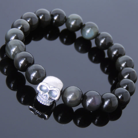 Men's Women Black Obsidian Bracelet 925 Sterling Silver Skull Bead DiyNotion Handmade BR606