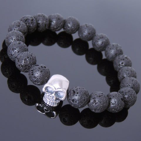 Men's Women Lava Rock Bracelet 925 Sterling Silver Skull Bead DiyNotion Handmade BR607