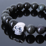 Men's Women Black Obsidian Bracelet 925 Sterling Silver Skull Bead DiyNotion Handmade BR606