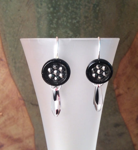 Antique Black Glass Button Earrings, Silver Luster, Black Clear Glass Dagger Bead, Silver Ear Wires, Gift Earrings, Festive Earrings, BGE138