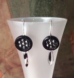 Antique Black Glass Button Earrings, Silver Luster, Black Clear Glass Dagger Bead, Silver Ear Wires, Gift Earrings, Festive Earrings, BGE138