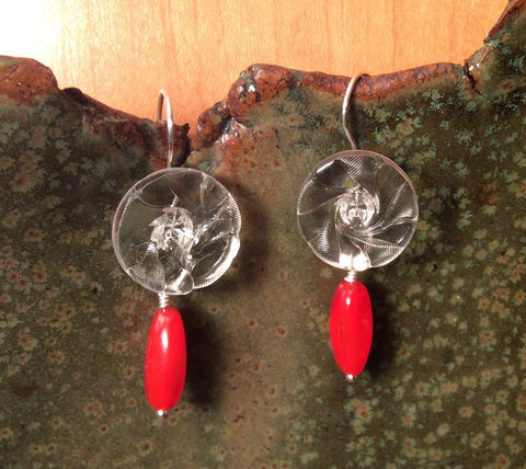 Vintage Glass Button Earrings, Red Glass Beads, Clear Glass Buttons, Handmade Silver Ear Wires, Drop Dangle Earrings, CGE143