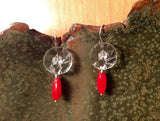 Vintage Glass Button Earrings, Red Glass Beads, Clear Glass Buttons, Handmade Silver Ear Wires, Drop Dangle Earrings, CGE143