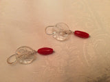 Vintage Glass Button Earrings, Red Glass Beads, Clear Glass Buttons, Handmade Silver Ear Wires, Drop Dangle Earrings, CGE143