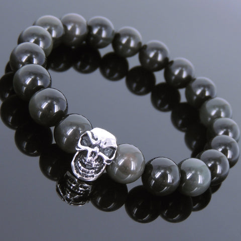Black Obsidian Bracelet Men Women Gemstone 925 Sterling Silver Skull DiyNotion BR612