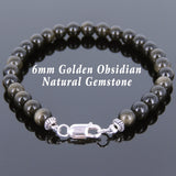 Men's Women Golden Obsidian 925 Sterling Silver Bracelet Spacers Clasp Gemstone DiyNotion Handmade BR618