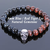 Men's Women Blue Red Tiger Eye Bracelet 925 Sterling Silver Skull Bead DiyNotion Handmade BR619E